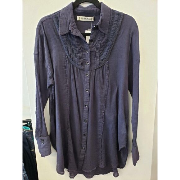 Free People NEW Navy Blue Contrast Seam Blouse Top - Picture 4 of 7